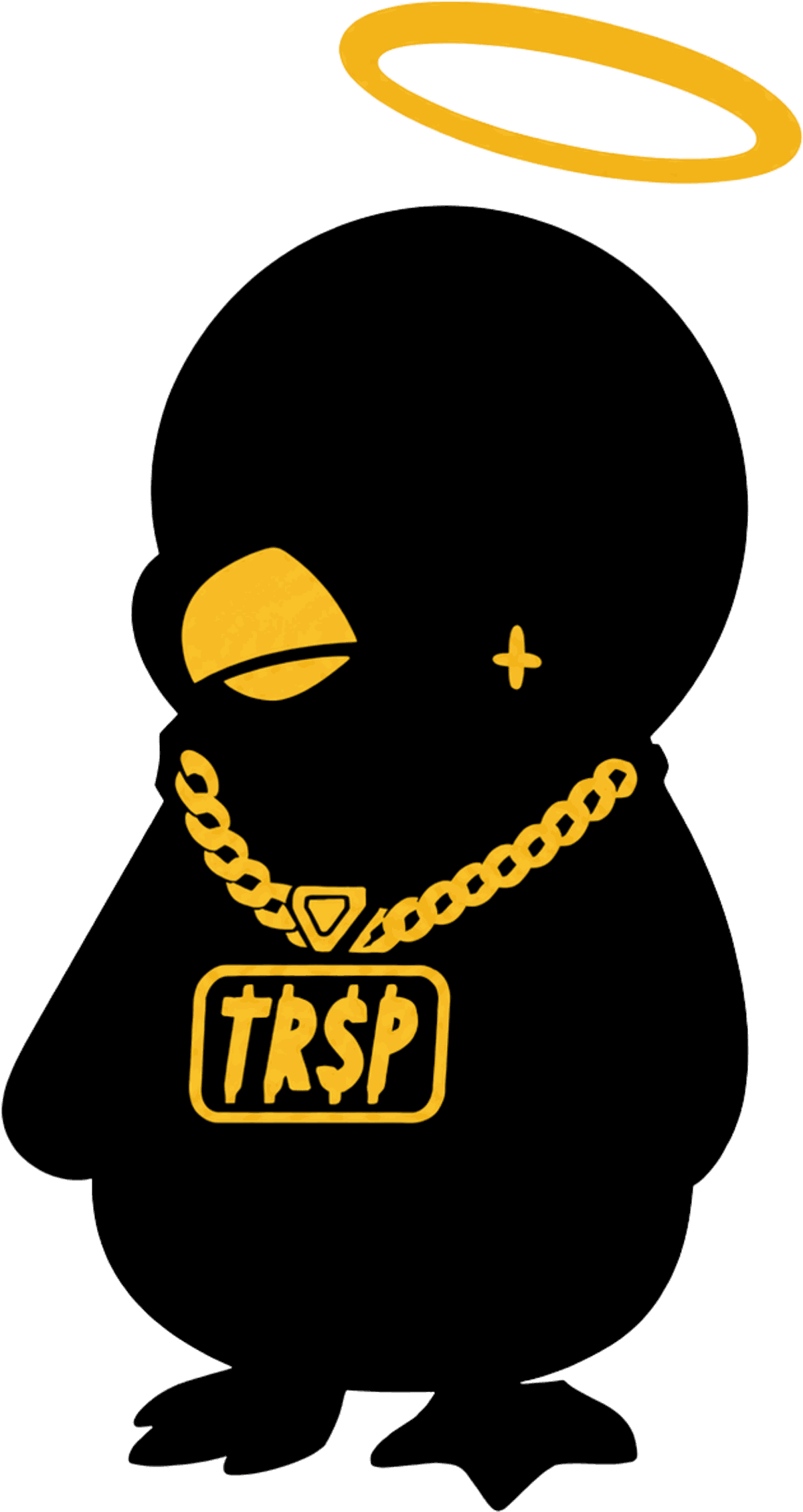 Mascota oficial Trap In Spain — Pingüino con cadena dorada y halo dorado